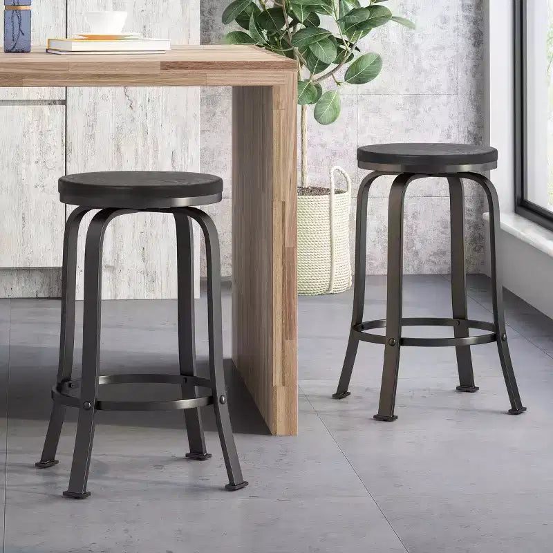 Sgabelli da bancone girevoli senza schienale, neri e in legno, set da 2