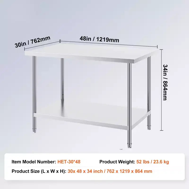 Tavolo di preparazione in acciaio inossidabile argento a 2 ripiani, 48" x 30"