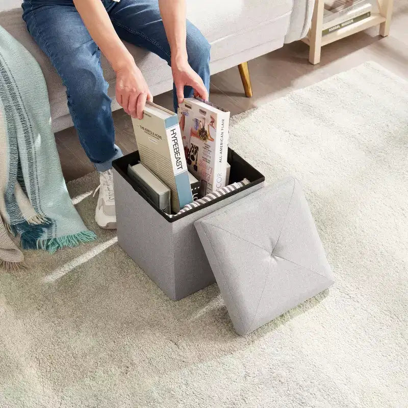 Panca/Contenitore Pieghevole in Lino Nero/Grigio/Grigio Scuro/Blu – 1 Posto, 4 Misure