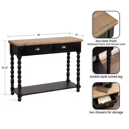 Consolle con 2 cassetti e ripiano portaoggetti, Nero e Marrone