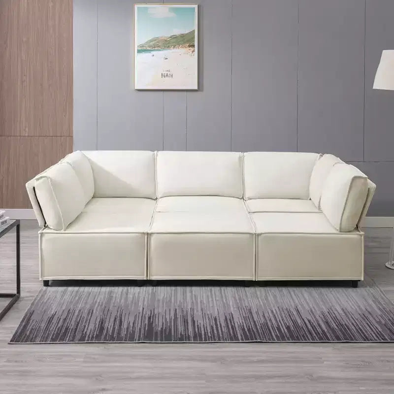 Divano Sezionale Modulare a U/L Beige/Marrone/Grigio Scuro/Grigio Chiaro con Pouf, Divano Letto Convertibile a 4-6 Posti