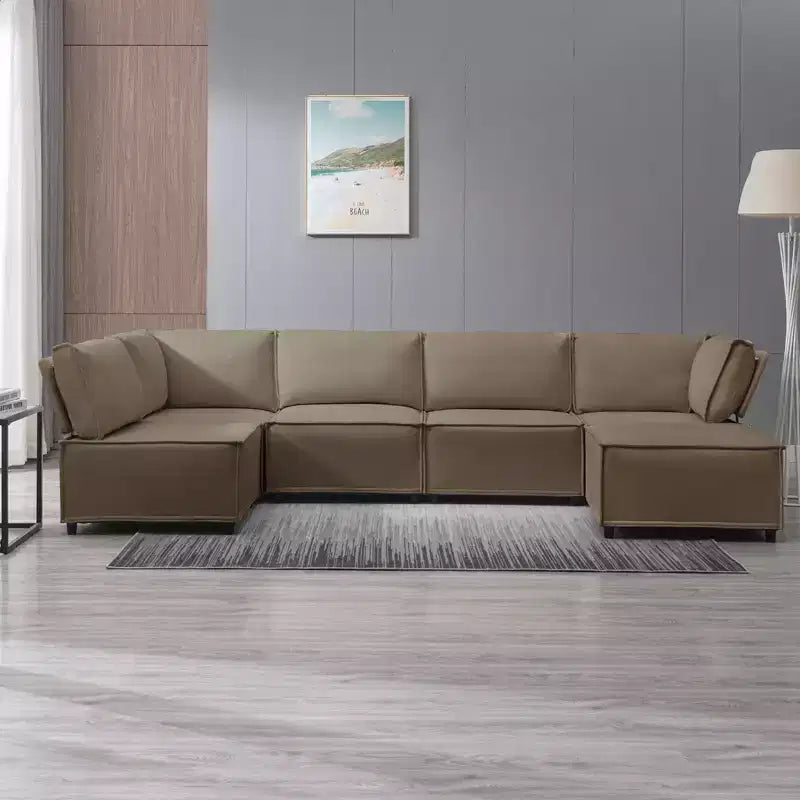 Divano Sezionale Modulare a U/L Beige/Marrone/Grigio Scuro/Grigio Chiaro con Pouf, Divano Letto Convertibile a 4-6 Posti