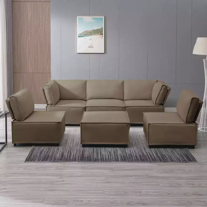 Divano Sezionale Modulare a U/L Beige/Marrone/Grigio Scuro/Grigio Chiaro con Pouf, Divano Letto Convertibile a 4-6 Posti