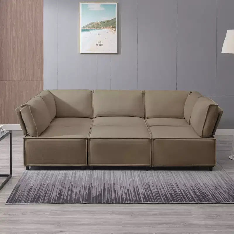 Divano Sezionale Modulare a U/L Beige/Marrone/Grigio Scuro/Grigio Chiaro con Pouf, Divano Letto Convertibile a 4-6 Posti
