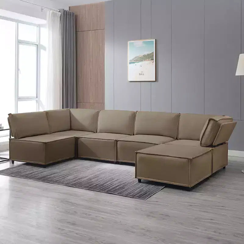 Divano Sezionale Modulare a U/L Beige/Marrone/Grigio Scuro/Grigio Chiaro con Pouf, Divano Letto Convertibile a 4-6 Posti