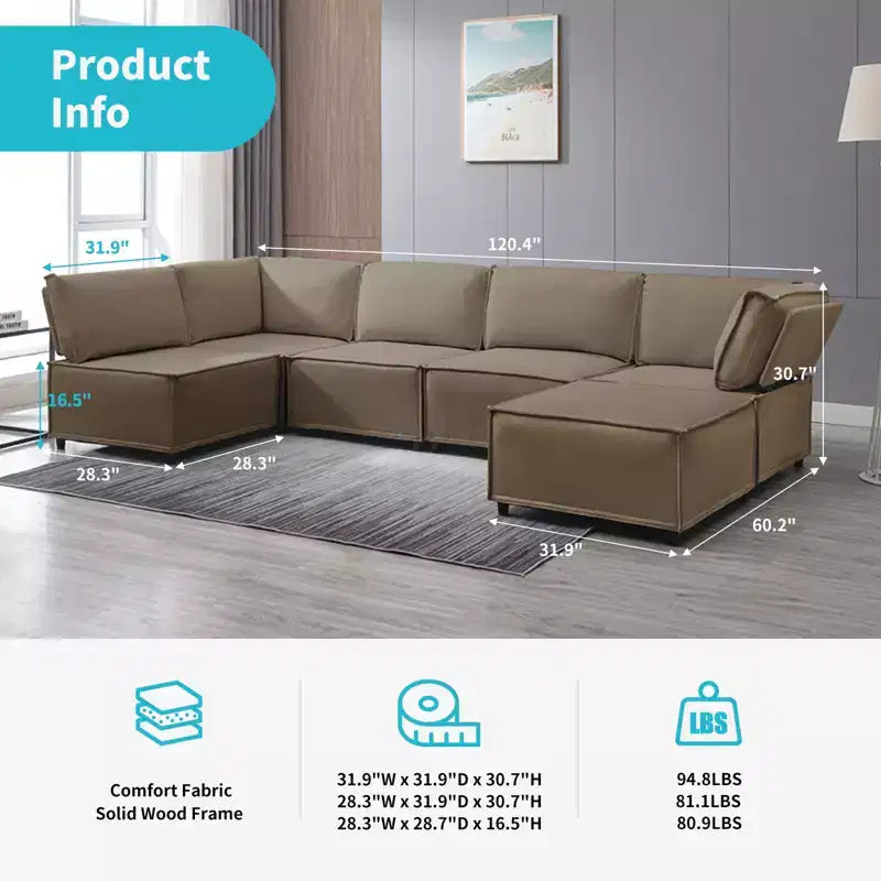 Divano Sezionale Modulare a U/L Beige/Marrone/Grigio Scuro/Grigio Chiaro con Pouf, Divano Letto Convertibile a 4-6 Posti