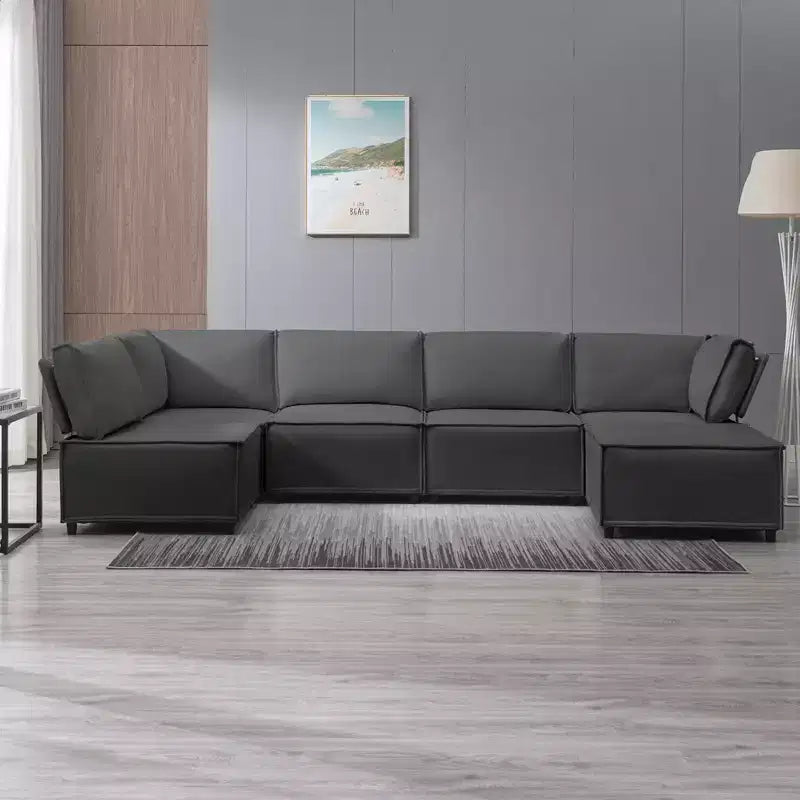 Divano Sezionale Modulare a U/L Beige/Marrone/Grigio Scuro/Grigio Chiaro con Pouf, Divano Letto Convertibile a 4-6 Posti