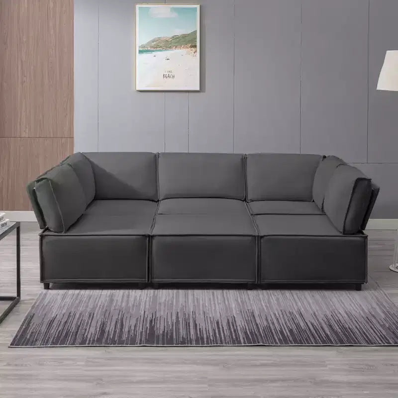 Divano Sezionale Modulare a U/L Beige/Marrone/Grigio Scuro/Grigio Chiaro con Pouf, Divano Letto Convertibile a 4-6 Posti