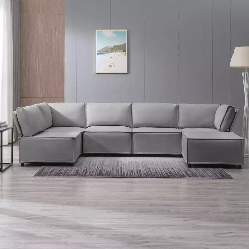 Divano Sezionale Modulare a U/L Beige/Marrone/Grigio Scuro/Grigio Chiaro con Pouf, Divano Letto Convertibile a 4-6 Posti