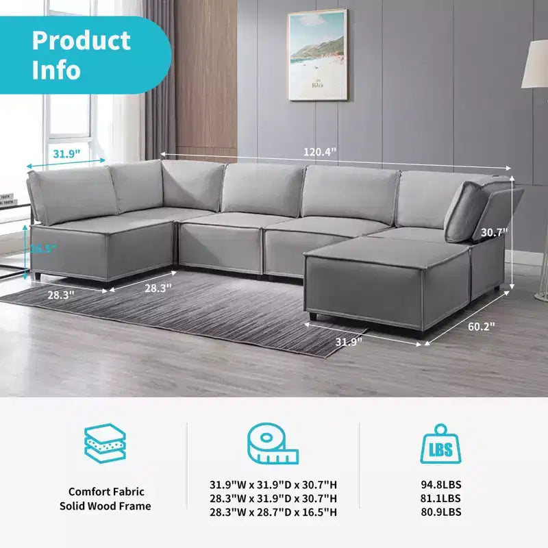 Divano Sezionale Modulare a U/L Beige/Marrone/Grigio Scuro/Grigio Chiaro con Pouf, Divano Letto Convertibile a 4-6 Posti