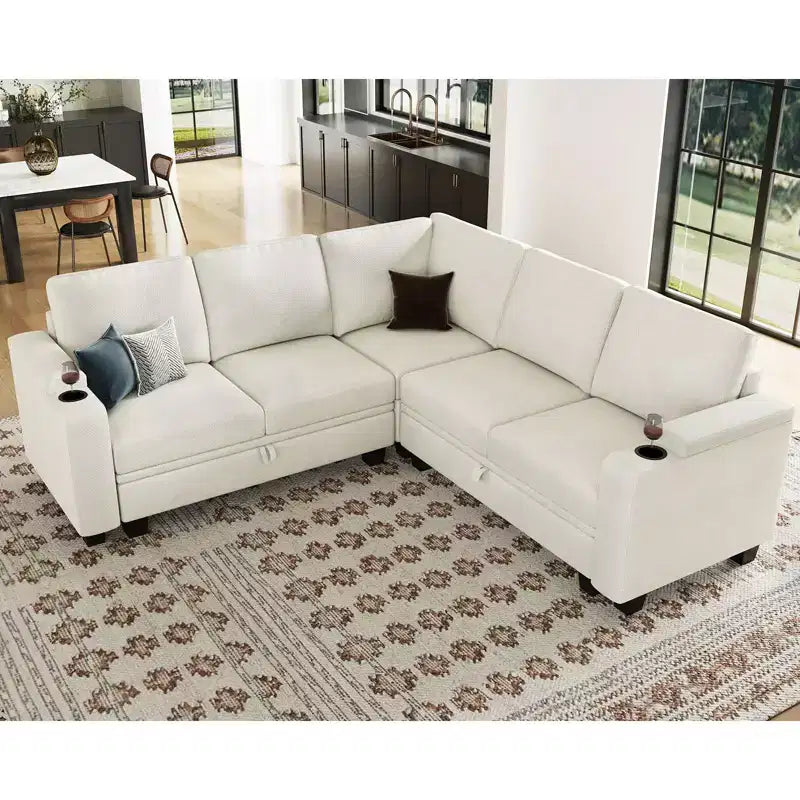 Divano Sezionale a L in Tessuto, Modulare a 4 Posti con Contenitore – Nero / Grigio / Bianco