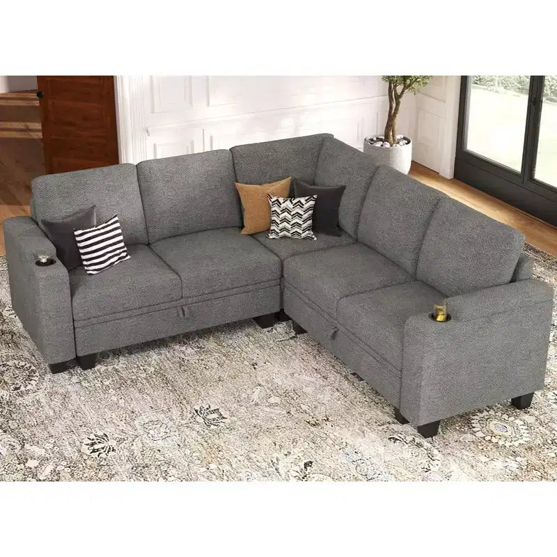Divano Sezionale a L in Tessuto, Modulare a 4 Posti con Contenitore – Nero / Grigio / Bianco