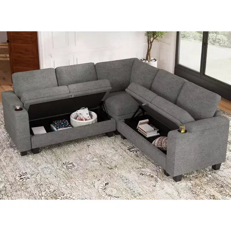 Divano Sezionale a L in Tessuto, Modulare a 4 Posti con Contenitore – Nero / Grigio / Bianco