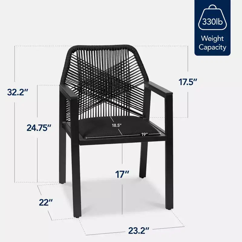 Set di 2 sedie da pranzo in corda intrecciata con braccioli – Nero, Marrone, Antracite, Grigio, Tortora, Bianco