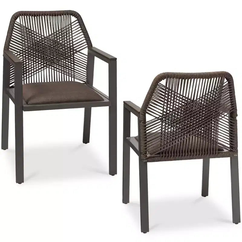 Set di 2 sedie da pranzo in corda intrecciata con braccioli – Nero, Marrone, Antracite, Grigio, Tortora, Bianco