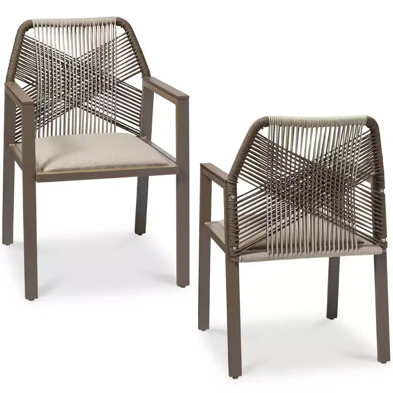 Set di 2 sedie da pranzo in corda intrecciata con braccioli – Nero, Marrone, Antracite, Grigio, Tortora, Bianco