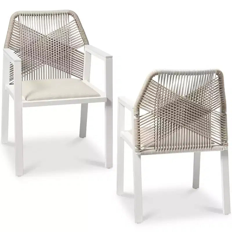 Set di 2 sedie da pranzo in corda intrecciata con braccioli – Nero, Marrone, Antracite, Grigio, Tortora, Bianco