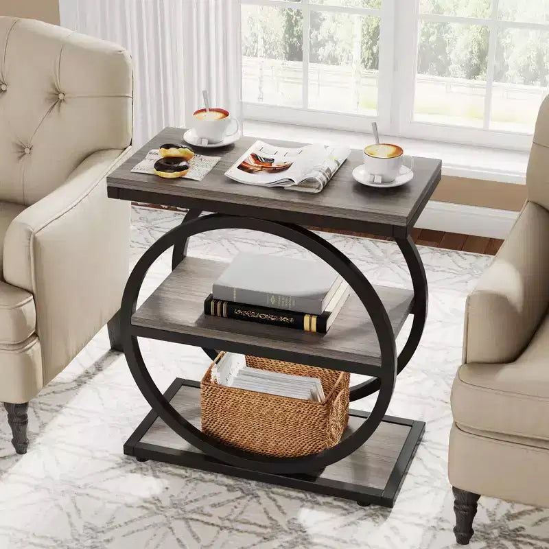 Tavolino da divano industriale sottile a 3 ripiani – Marrone / Grigio / Rovere