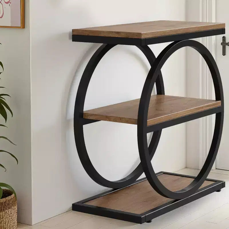 Tavolino da divano industriale sottile a 3 ripiani – Marrone / Grigio / Rovere