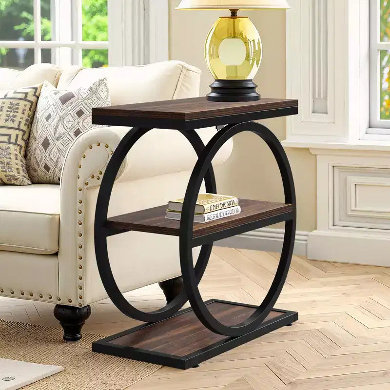 Tavolino da divano industriale sottile a 3 ripiani – Marrone / Grigio / Rovere