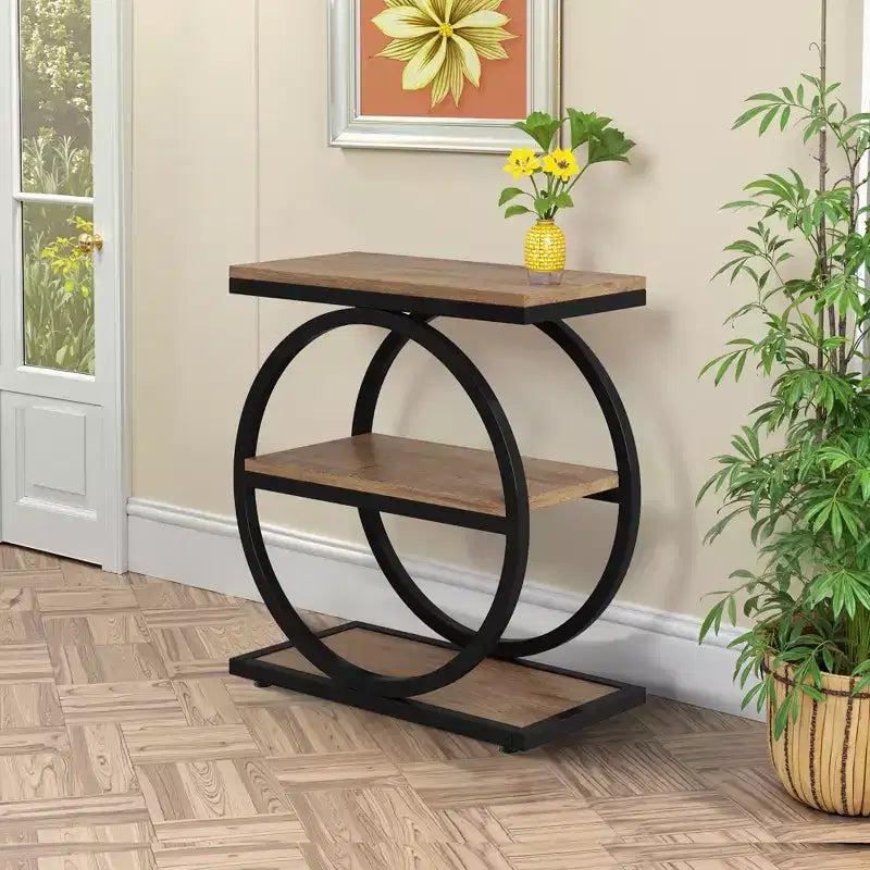 Tavolino da divano industriale sottile a 3 ripiani – Marrone / Grigio / Rovere