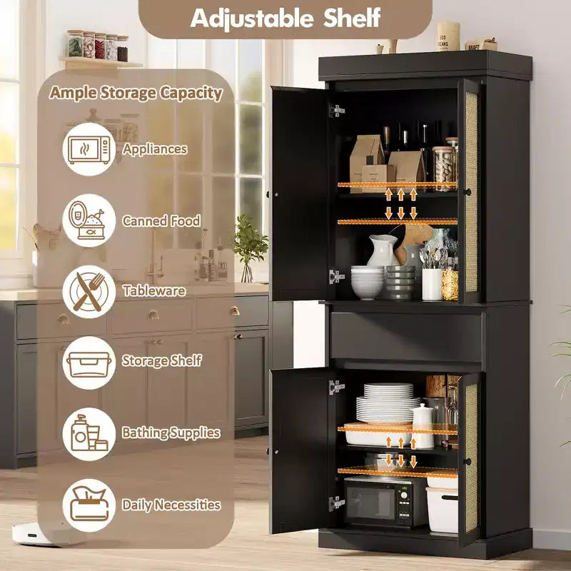 Mobile contenitore alto a 4 ante con cassetto in rattan bianco