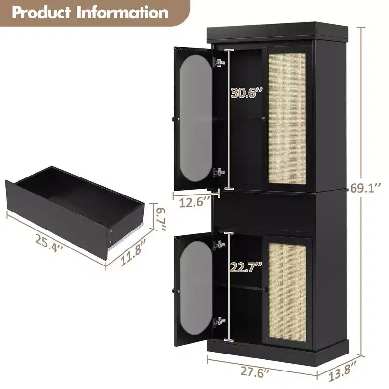 Mobile contenitore alto a 4 ante con cassetto in rattan bianco
