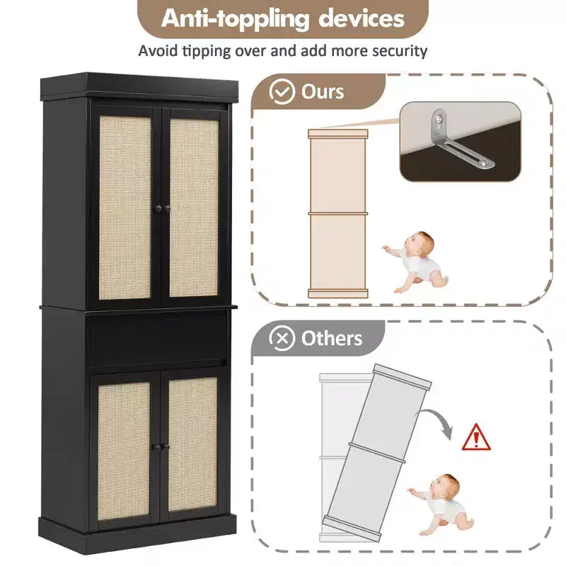 Mobile contenitore alto a 4 ante con cassetto in rattan bianco