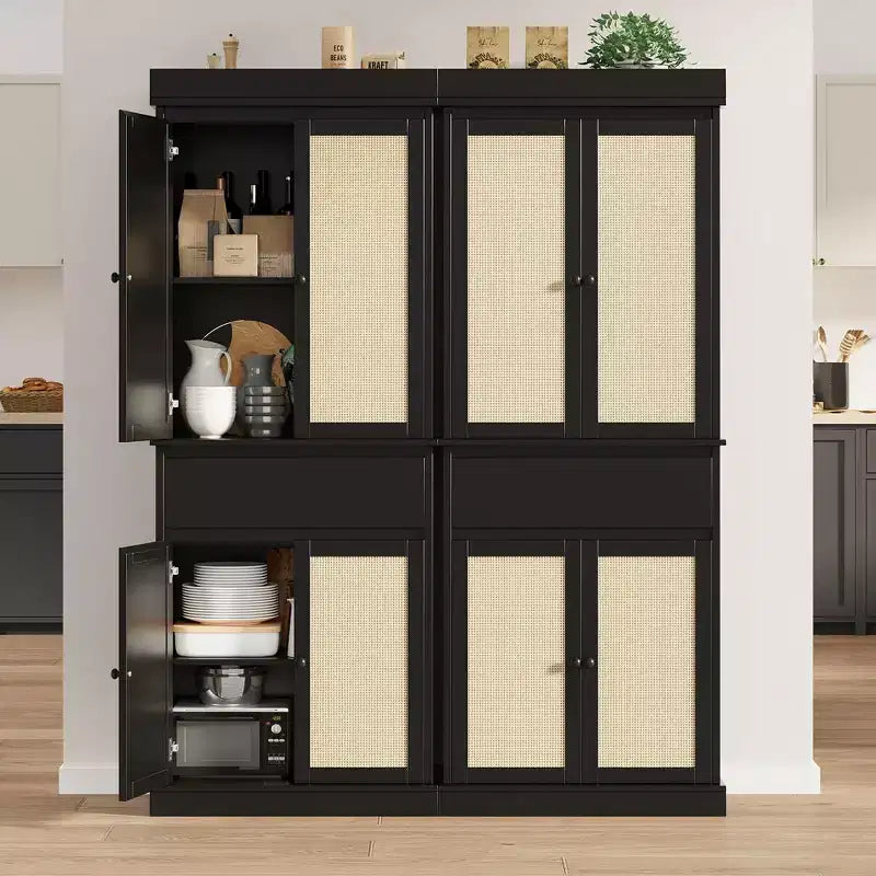 Mobile contenitore alto a 4 ante con cassetto in rattan bianco