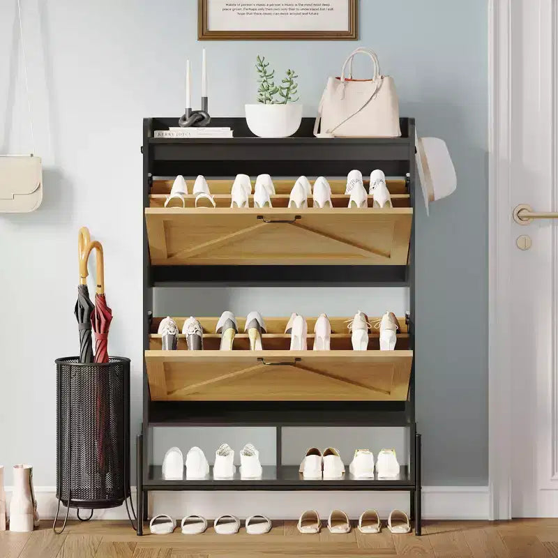 Scarpiera stretta bicolore (bianco e nero) o effetto retrò con 2 ante a ribalta – Contiene 16 paia di scarpe, utilizzo singolo