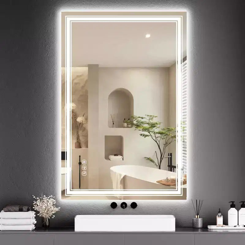 Specchio da bagno LED rettangolare argento, retroilluminato e frontale, a parete, specchiera monoposto