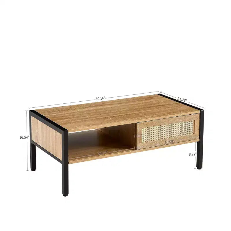 Tavolino da Caffè in Rattan Bianco/Giallo con Anta Scorrevole e Gambe in Metallo