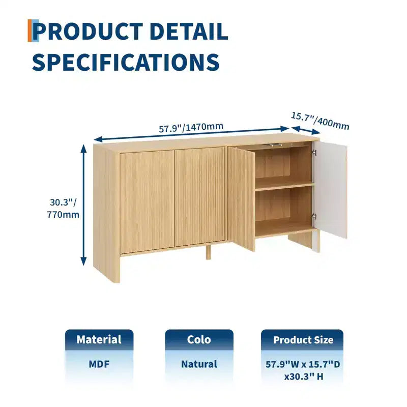 Credenza da buffet a 4 ante con scanalature in rovere naturale
