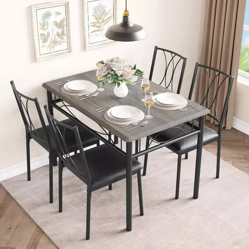 Set tavolo da pranzo rettangolare per 4 con sedie – Grigio / Retrò, Seduta imbottita o in legno
