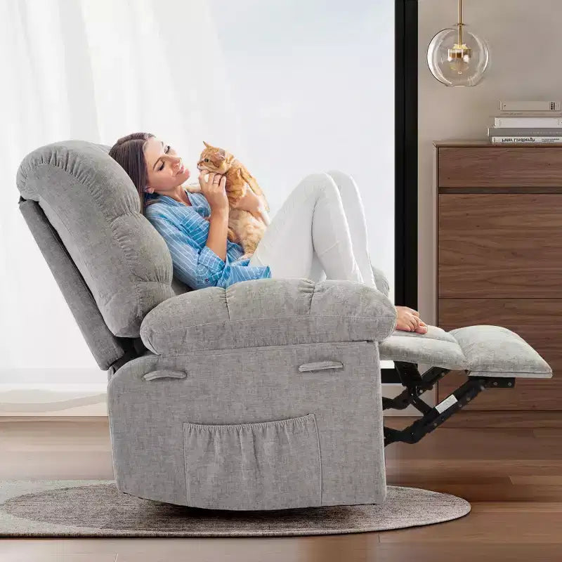 Poltrona reclinabile girevole a dondolo imbottita beige/grigia, sedile singolo