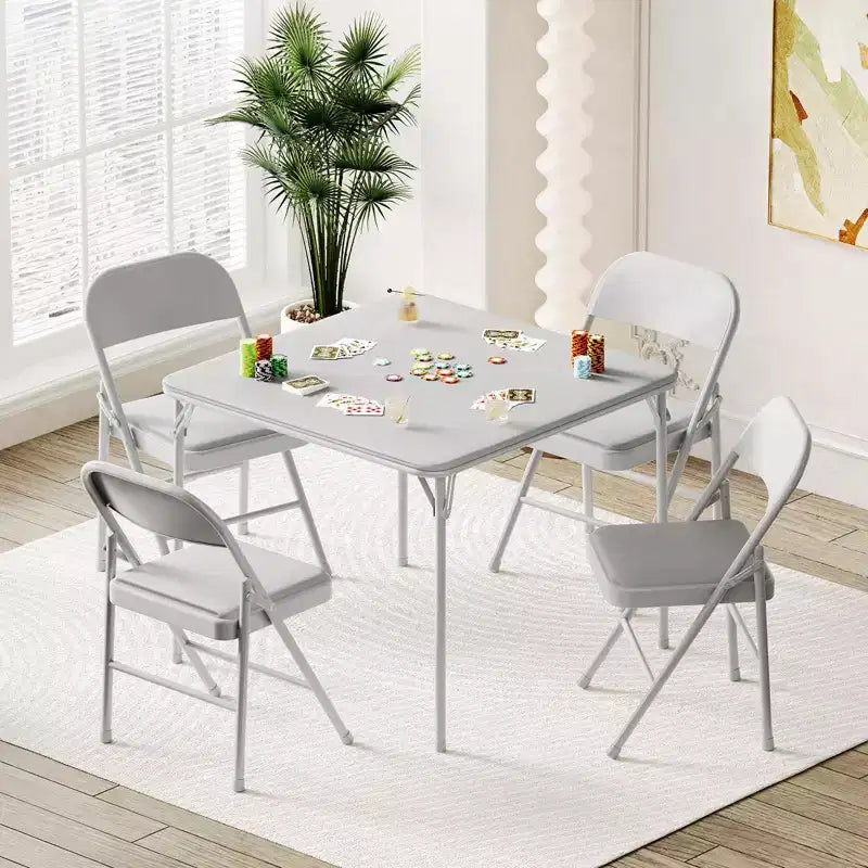 Tavolo pieghevole quadrato beige/nero/grigio, piano imbottito in PU, 4 posti