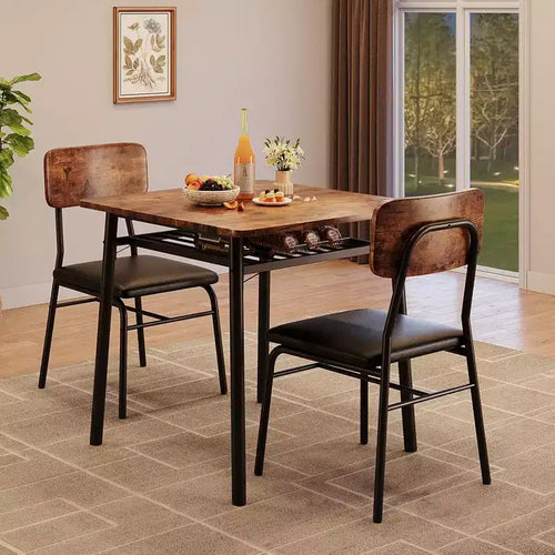 3-Piece Dining Set for 2 with Square Table, Storage Rack, Metal Frame, and Upholstered Chairs, Perfect for Small Spaces, Apartments, and Kitchens.