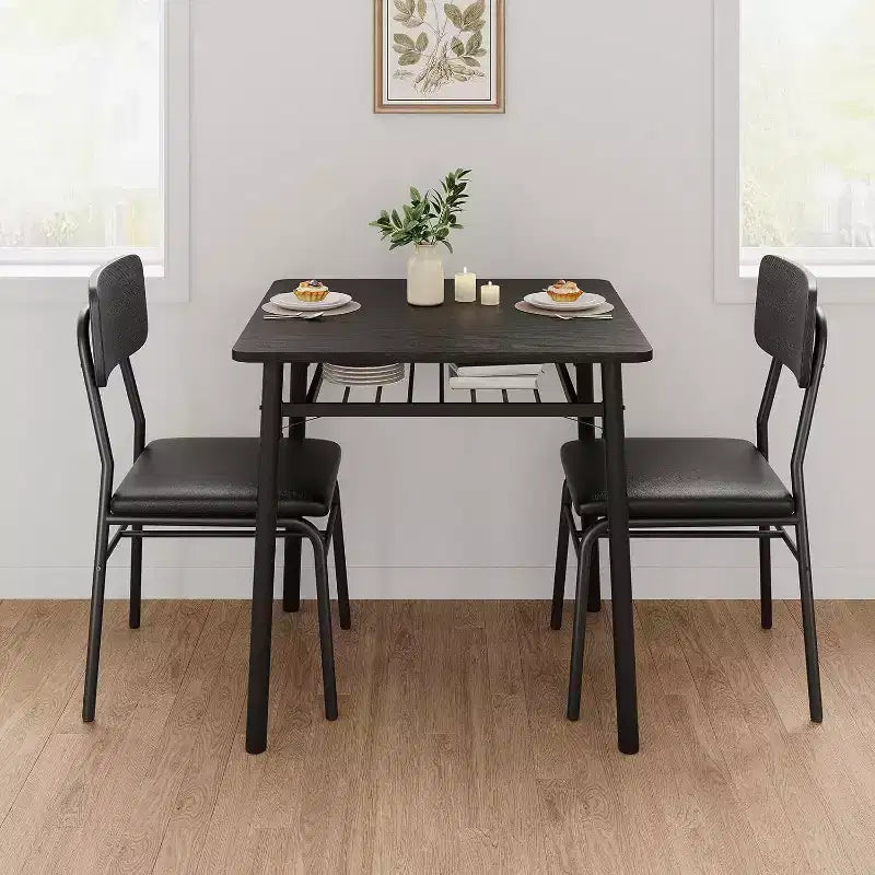 Set da pranzo 3 pezzi per 2 persone – Nero/Grigio, tavolo quadrato con ripiano e sedie imbottite