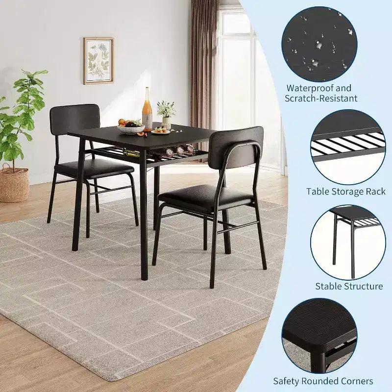 Set da pranzo 3 pezzi per 2 persone – Nero/Grigio, tavolo quadrato con ripiano e sedie imbottite