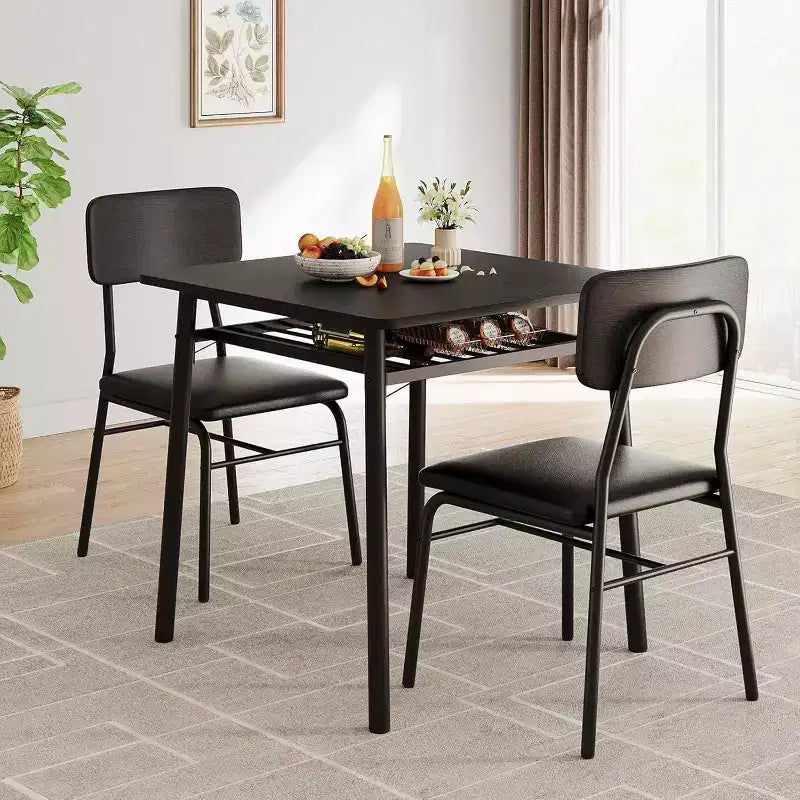 Set da pranzo 3 pezzi per 2 persone – Nero/Grigio, tavolo quadrato con ripiano e sedie imbottite