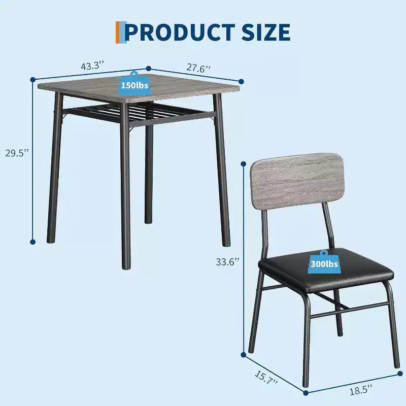 Set da pranzo 3 pezzi per 2 persone – Nero/Grigio, tavolo quadrato con ripiano e sedie imbottite