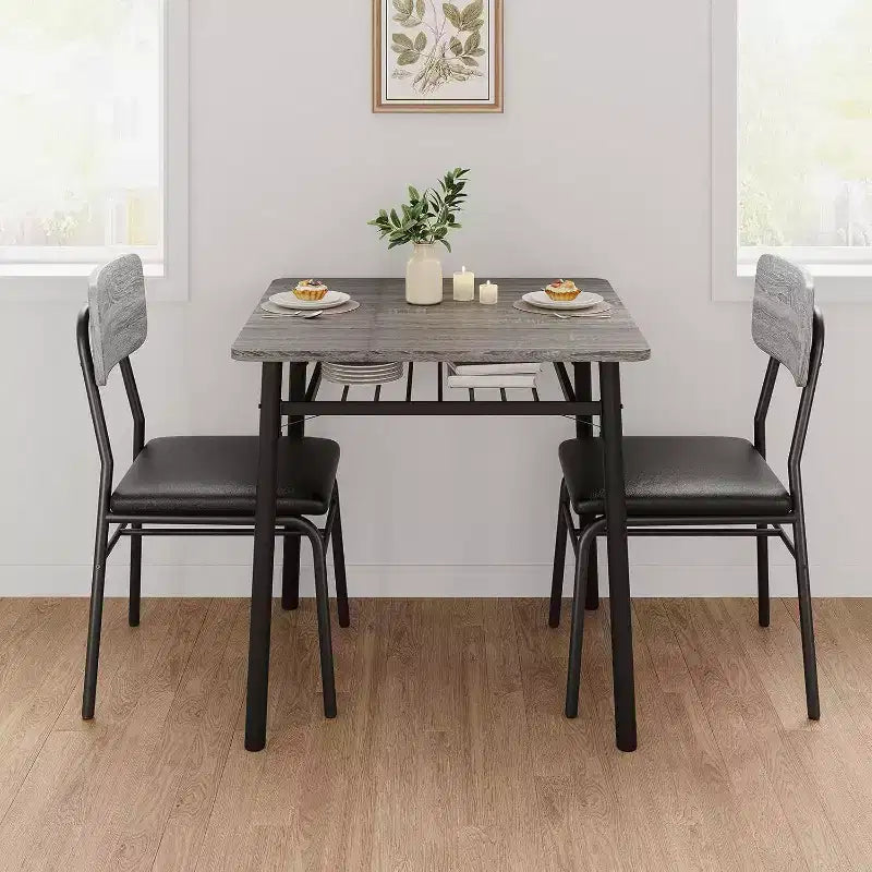 Set da pranzo 3 pezzi per 2 persone – Nero/Grigio, tavolo quadrato con ripiano e sedie imbottite
