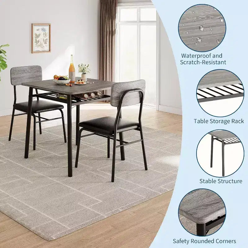 Set da pranzo 3 pezzi per 2 persone – Nero/Grigio, tavolo quadrato con ripiano e sedie imbottite