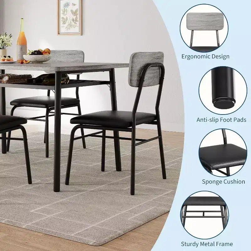 Set da pranzo 3 pezzi per 2 persone – Nero/Grigio, tavolo quadrato con ripiano e sedie imbottite