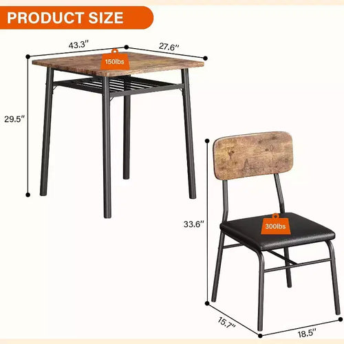 Set da pranzo 3 pezzi per 2 persone – Nero/Grigio, tavolo quadrato con ripiano e sedie imbottite