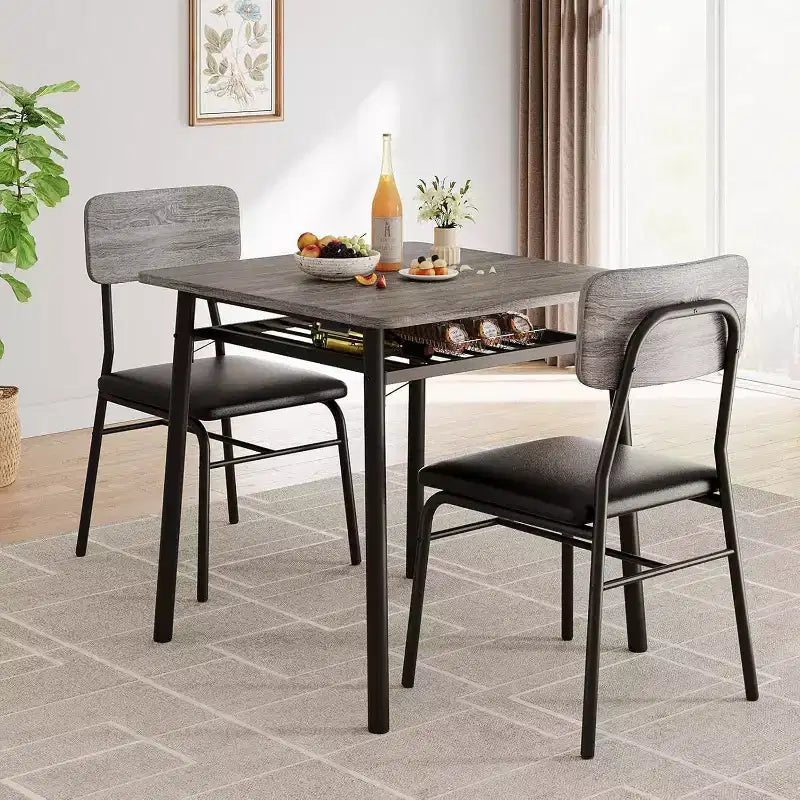 Set da pranzo 3 pezzi per 2 persone – Nero/Grigio, tavolo quadrato con ripiano e sedie imbottite