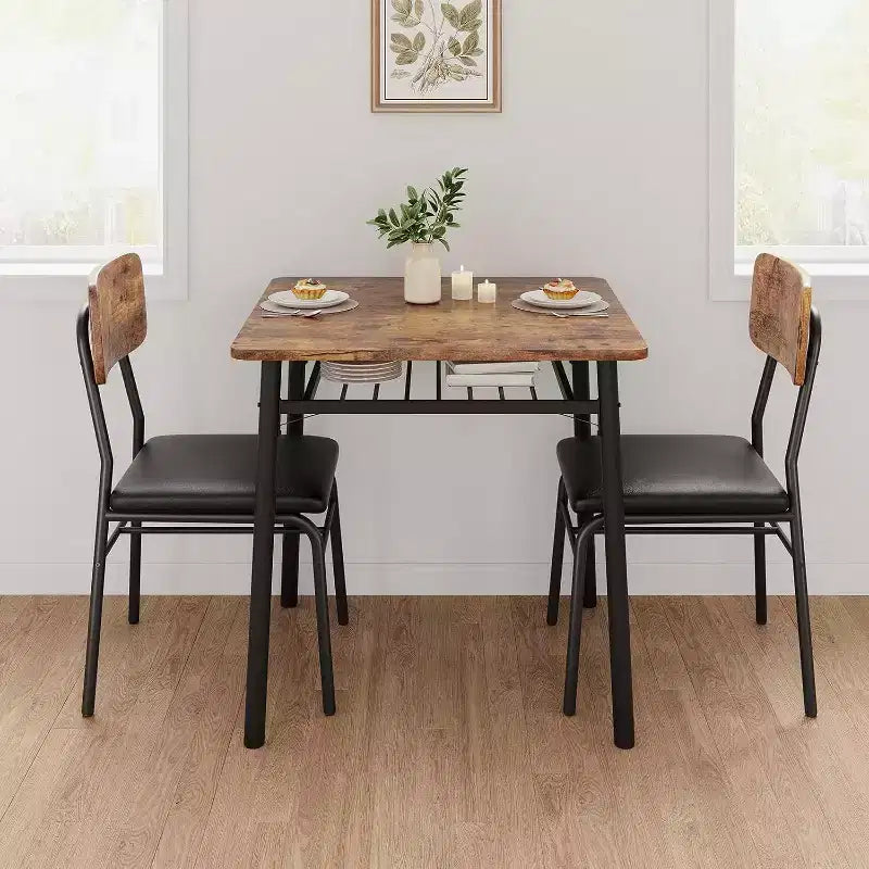 Set da pranzo 3 pezzi per 2 persone – Nero/Grigio, tavolo quadrato con ripiano e sedie imbottite