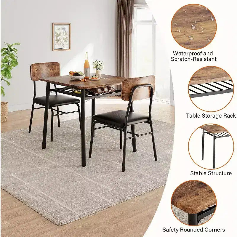 Set da pranzo 3 pezzi per 2 persone – Nero/Grigio, tavolo quadrato con ripiano e sedie imbottite