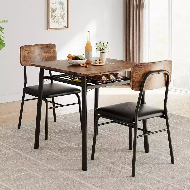 Set da pranzo 3 pezzi per 2 persone – Nero/Grigio, tavolo quadrato con ripiano e sedie imbottite
