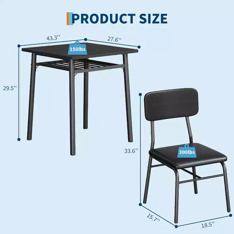 Set da pranzo 3 pezzi per 2 persone – Nero/Grigio, tavolo quadrato con ripiano e sedie imbottite
